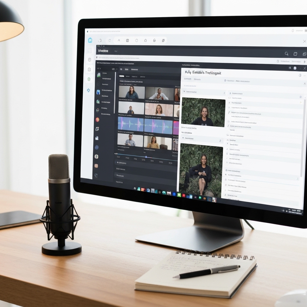 a modern digital workspace showing Descript's interface with a video timeline and editable transcript on a large monitor, surrounded by a microphone and notebook