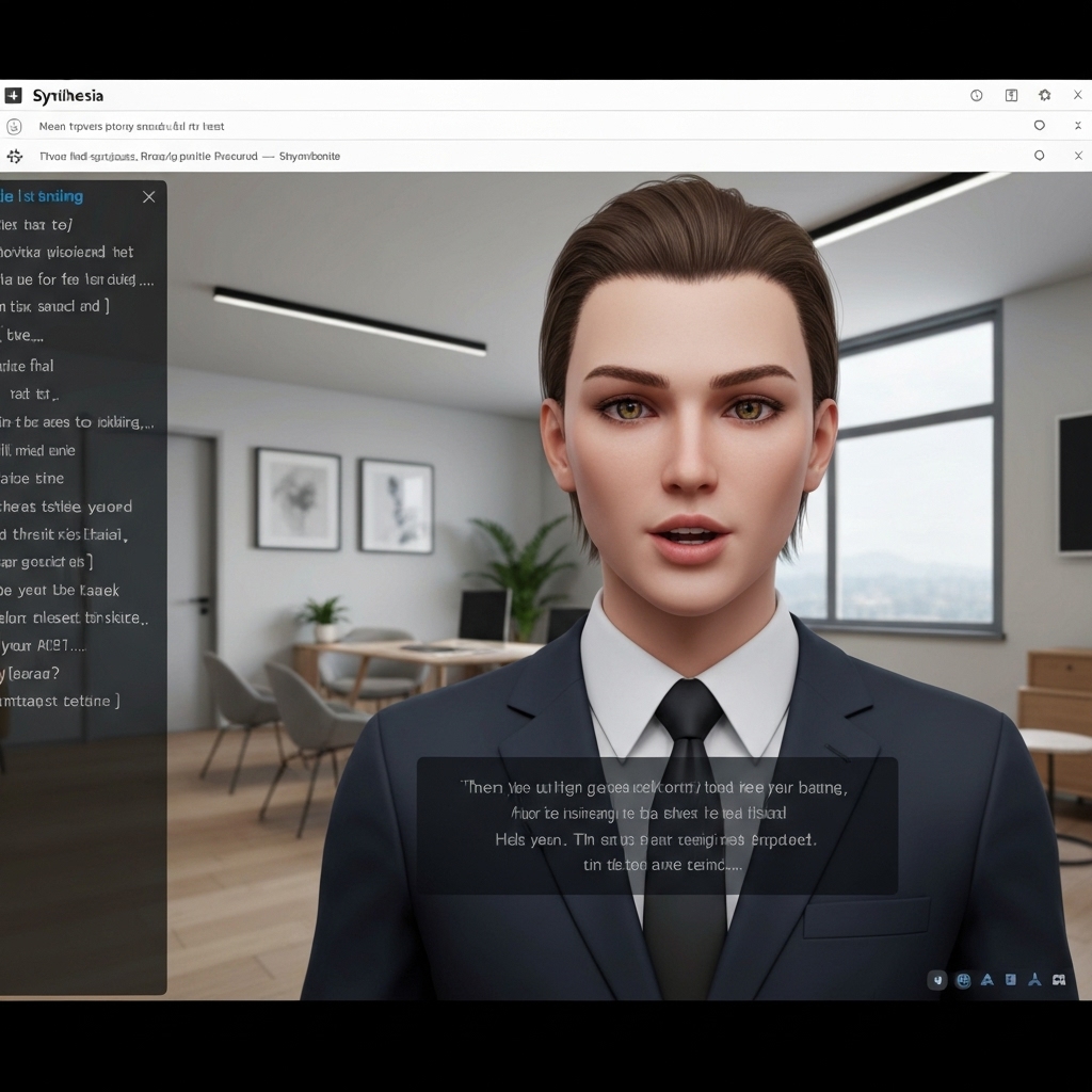a computer screen displaying Synthesia's dashboard with a lifelike AI avatar speaking in front of a virtual office background, while text prompts are being typed on the left panel