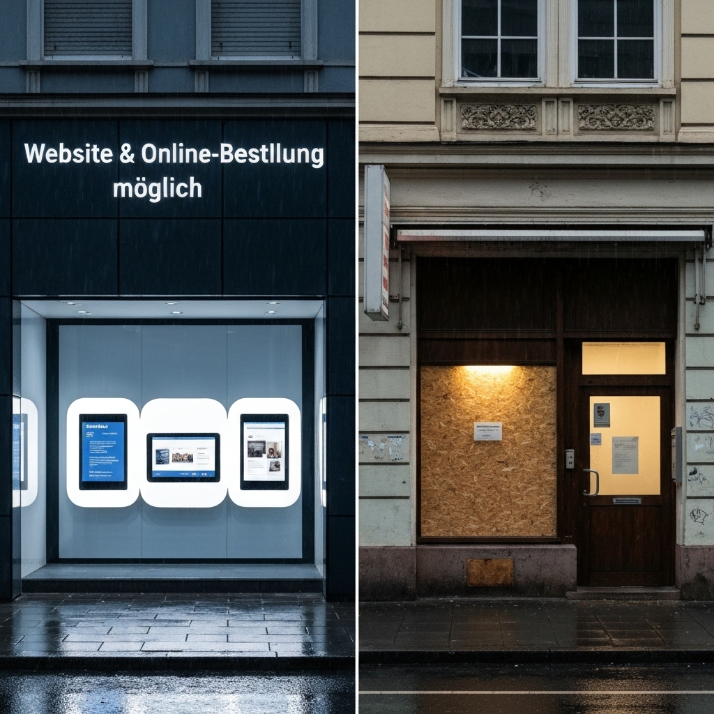 Webdesign & Online Marketing liilweb-solution two competing business storefronts, one with a modern 'Website & Online-Bestellung möglich' sign and digital devices showing the site, the other outdated and closed, under rainy urban lighting