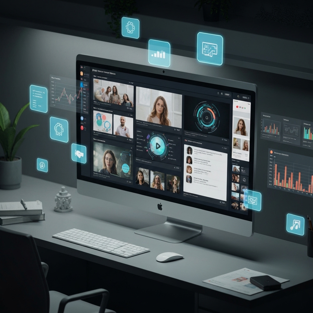a futuristic digital workspace showing a computer screen displaying AI-generated social media posts, with floating holographic icons representing analytics, hashtags, and content calendars