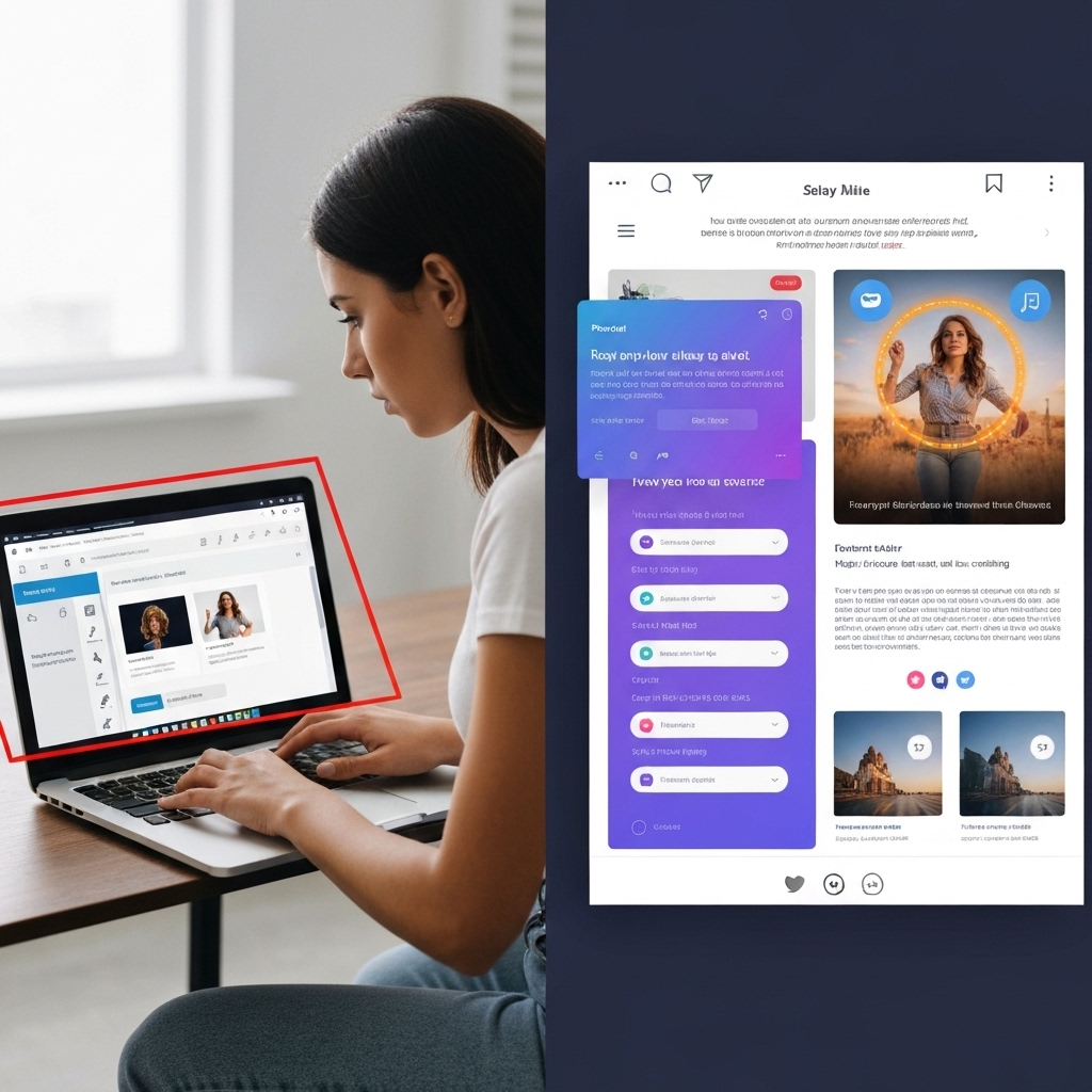 a split-screen image: on the left, a person typing a prompt into an AI design tool; on the right, a vibrant social media post being generated with icons, text, and images automatically arranged
