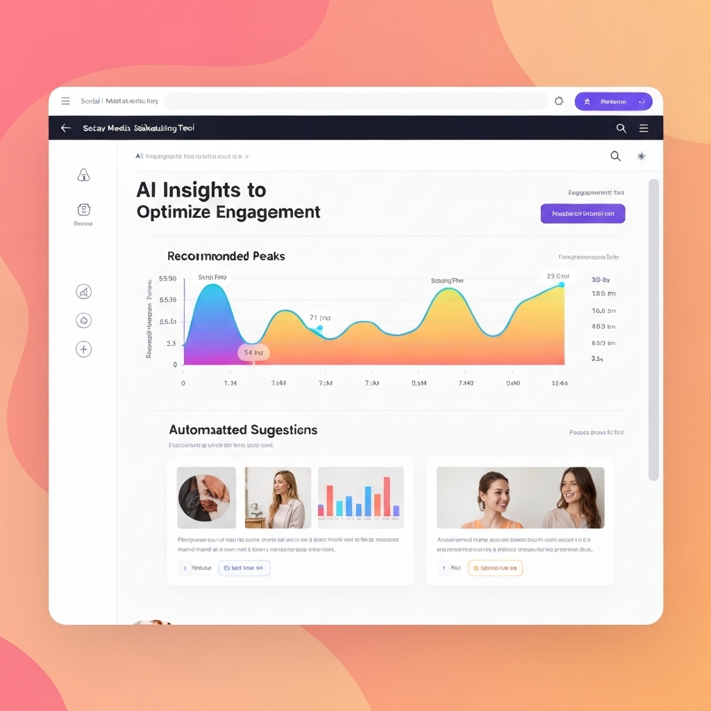 a dashboard view of a social media scheduling tool with AI insights highlighted—color-coded graphs showing engagement peaks, recommended posting times, and automated content suggestions