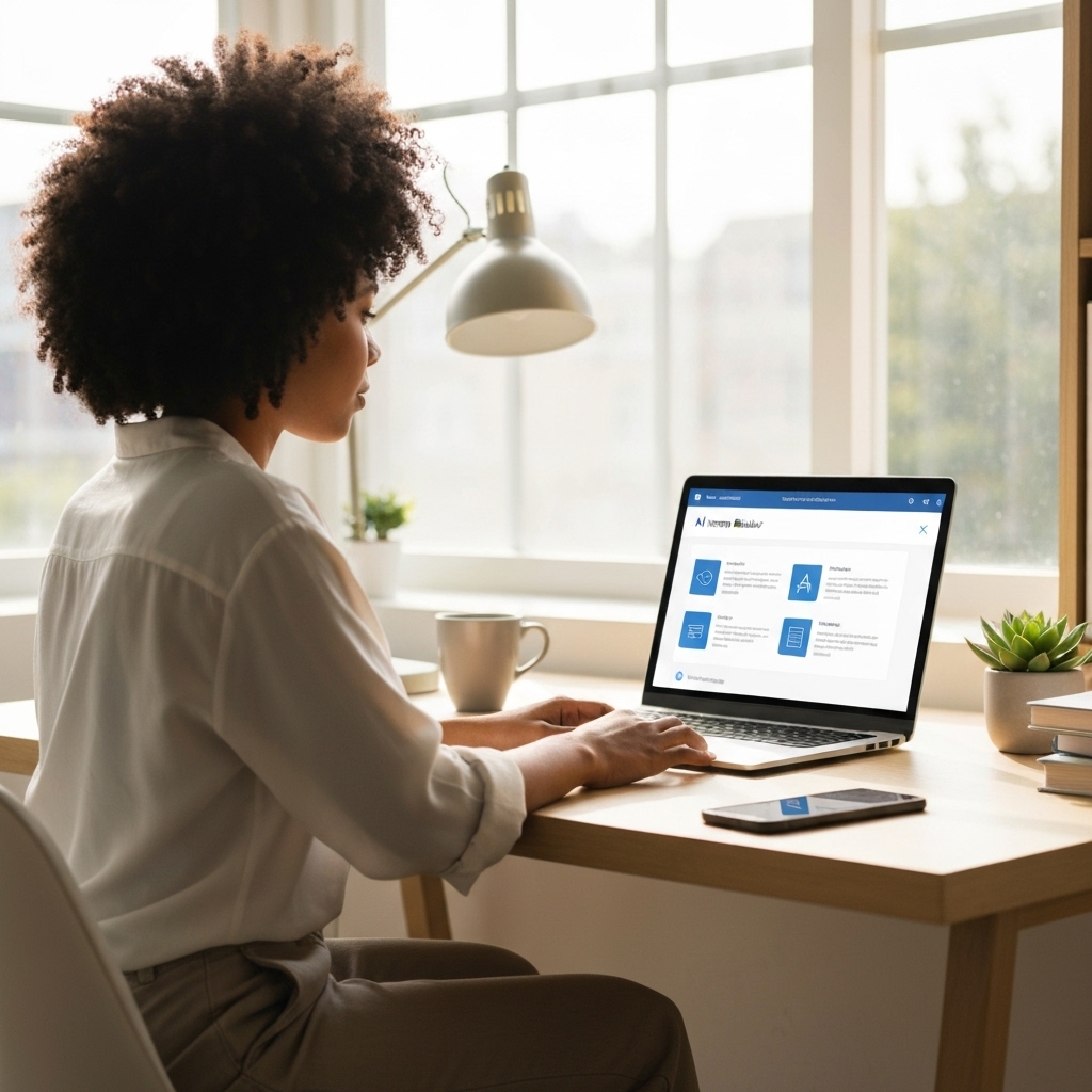 a person working on a laptop at a modern desk, with an AI resume builder interface visible on screen showing a step-by-step resume creation process, soft natural lighting, home office setting