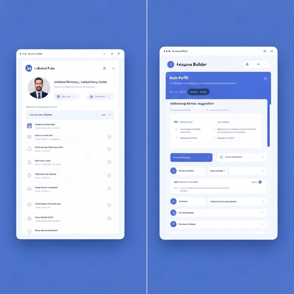 split-screen view showing a LinkedIn profile on one side and an AI resume builder auto-filling a resume on the other, digital interface with clean lines and blue and white color scheme