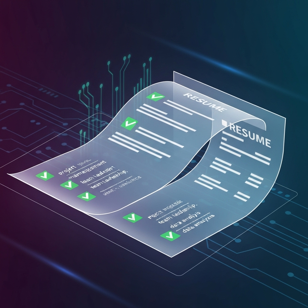 digital visualization of an ATS scanning a resume, with green checkmarks appearing next to keywords like 'project management,' 'team leadership,' and 'data analysis,' futuristic tech aesthetic