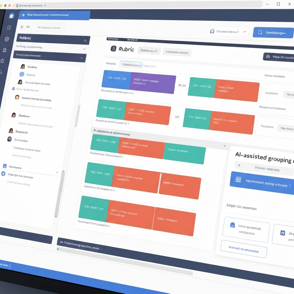 a close-up of a digital screen showing Gradescope's interface with color-coded student submissions, rubrics, and AI-assisted grouping of answers during grading