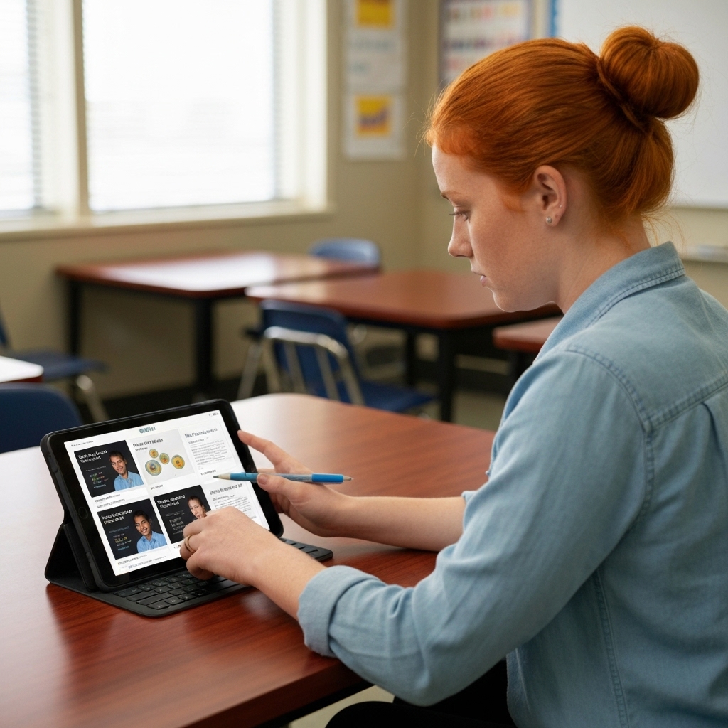 a teacher at a desk using an iPad to access Diffit, with multiple text versions of the same science topic displayed side-by-side at different reading levels