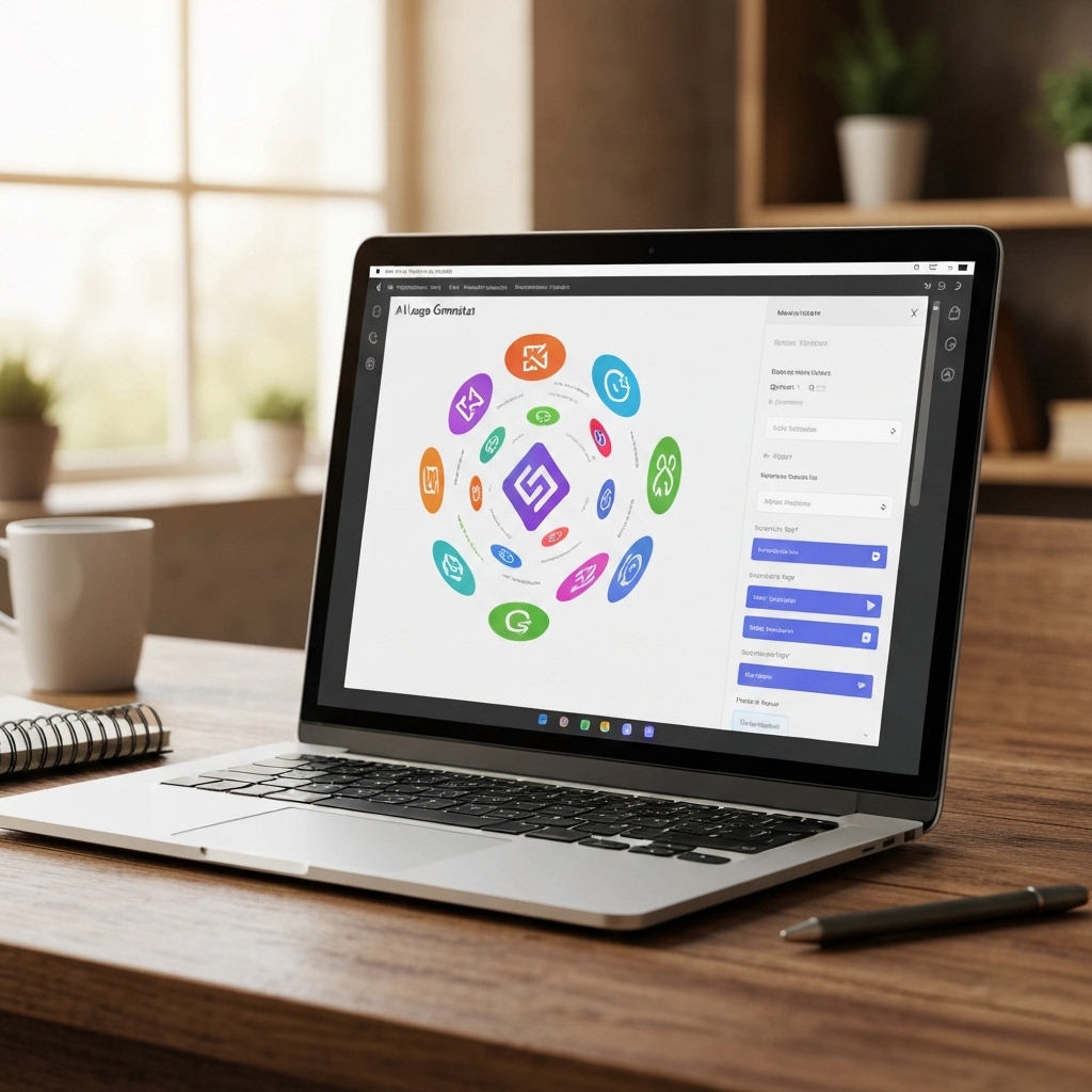 a modern laptop screen showing an AI logo generator interface with multiple colorful logo designs floating around it, set on a wooden desk with a notebook and coffee cup, soft daylight lighting