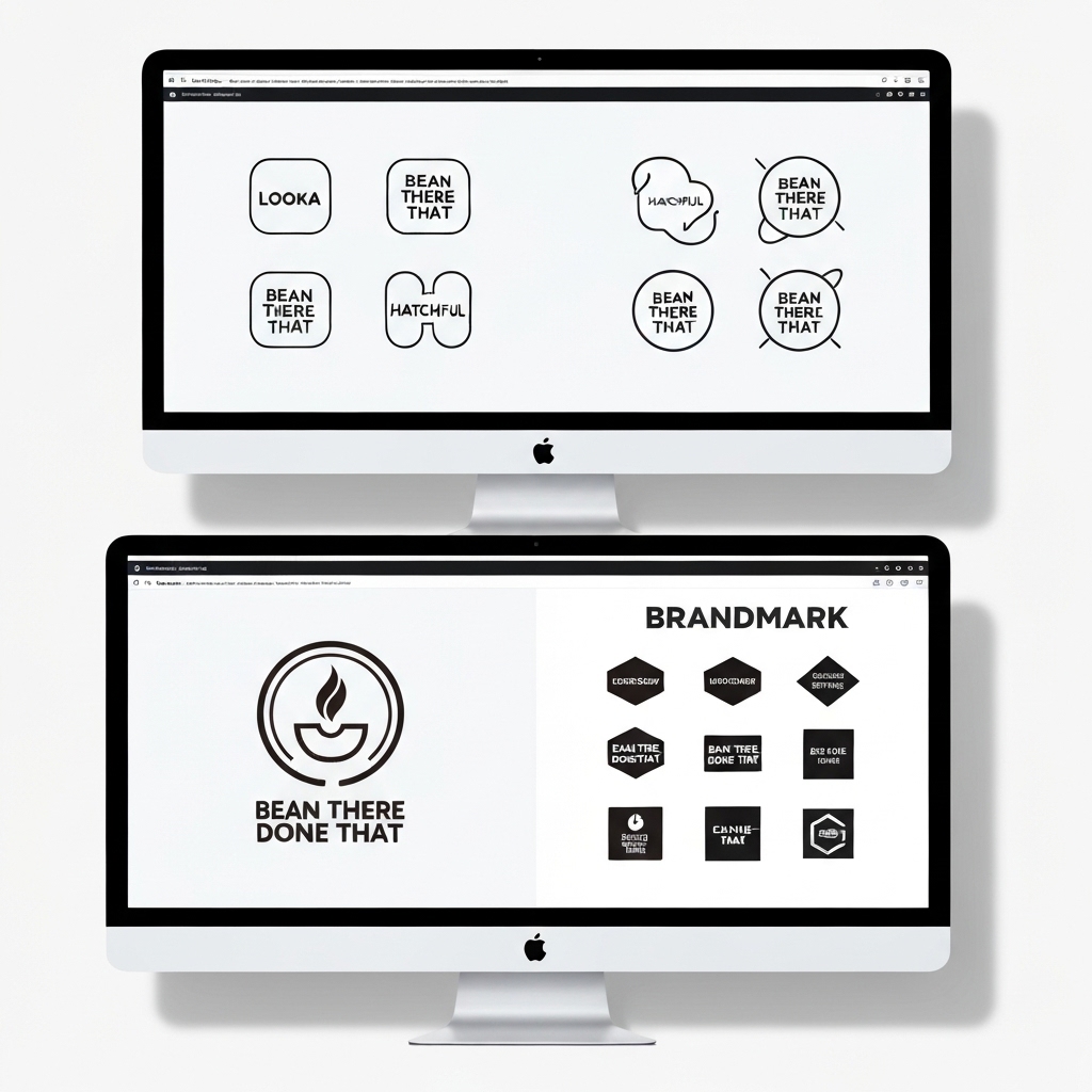 a split-screen view of three popular AI logo tools: Looka, Hatchful, and Brandmark, each displaying different logo variations for a fictional coffee shop brand, on clean, minimalist desktop monitors