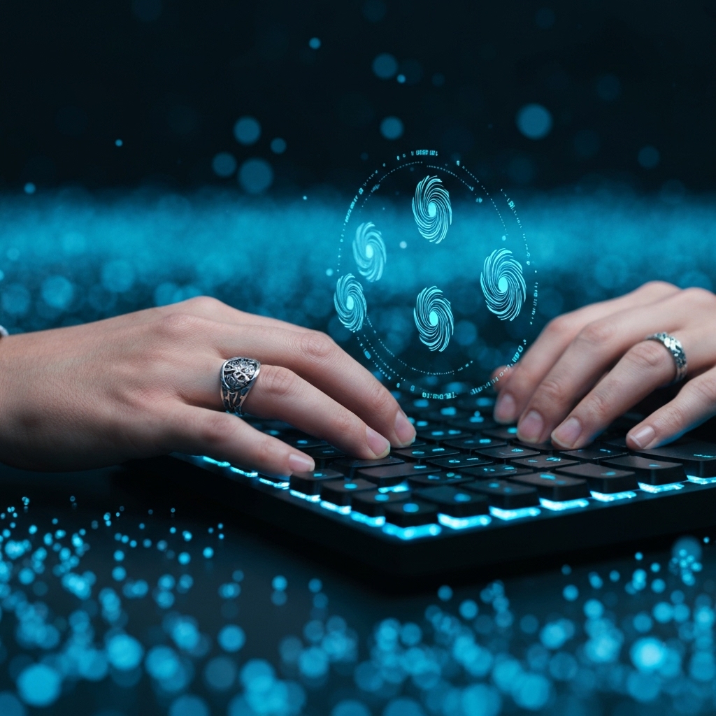 a close-up of a designer's hands typing on a backlit keyboard, with AI-generated logo animations rotating in mid-air above the screen, futuristic blue glow and digital particles in the background
