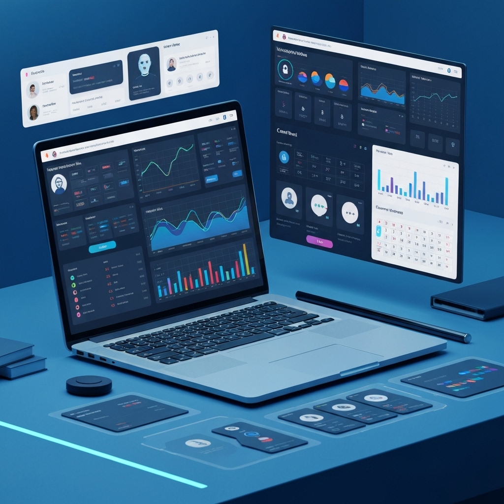 a modern digital workspace showing a laptop displaying multiple social media dashboards, with AI-generated analytics charts, chatbots in operation, and content calendars; the environment is sleek and futuristic with glowing interface elements