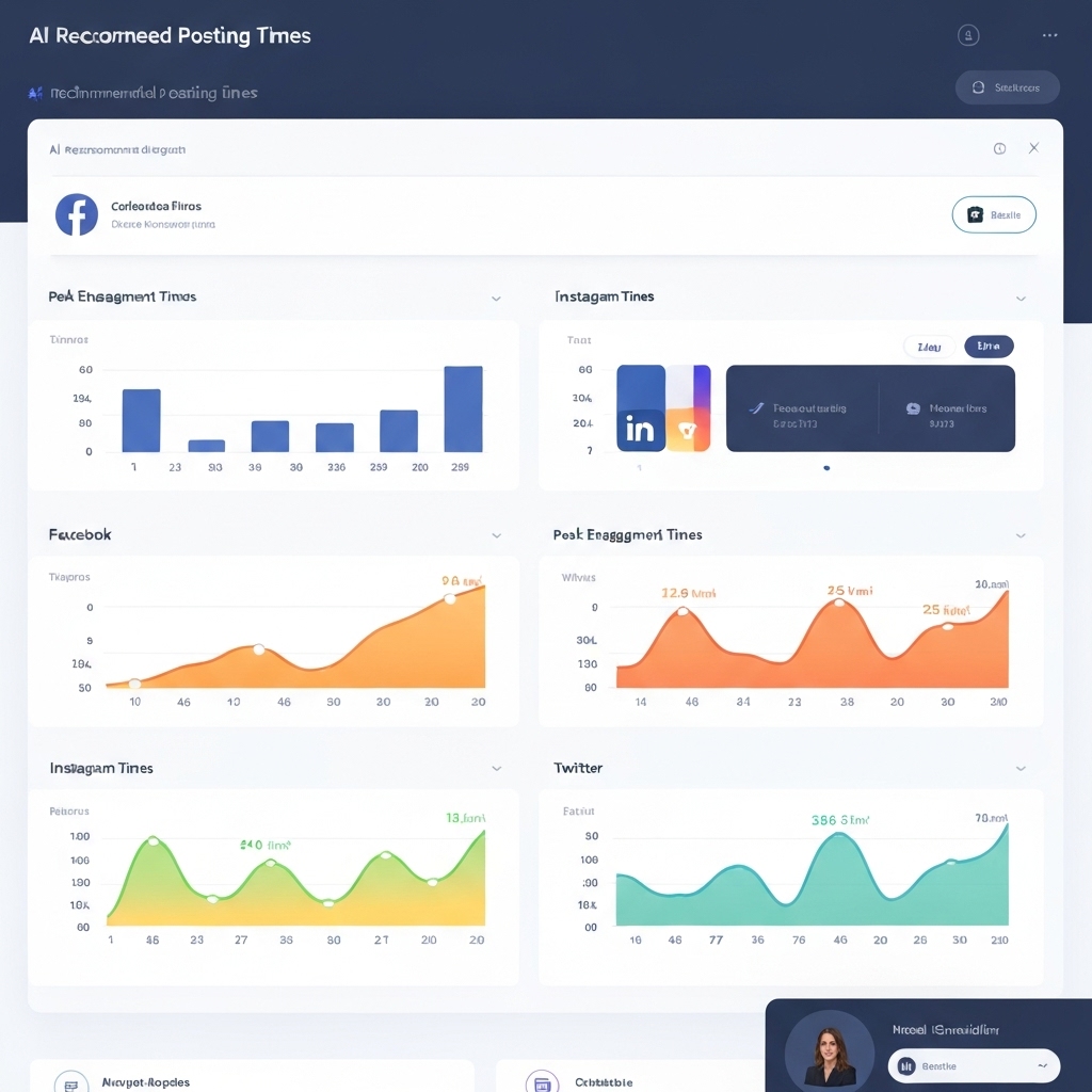 a dashboard view of a social media management tool showing AI-recommended posting times across different platforms, with graphs indicating peak engagement hours and color-coded performance metrics