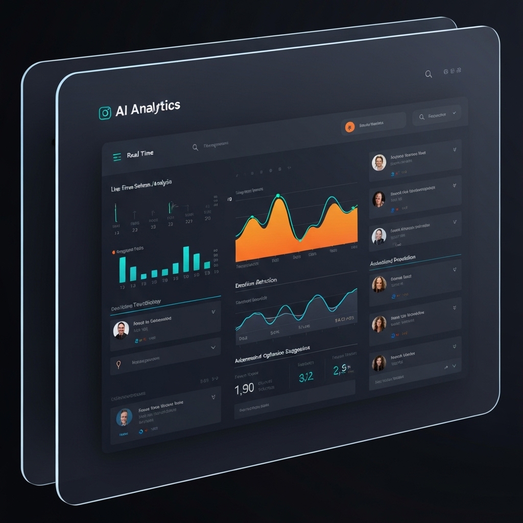 an AI analytics panel showing real-time social media performance with live sentiment analysis, emotion detection from comments, and automated optimization suggestions appearing on a transparent smart screen