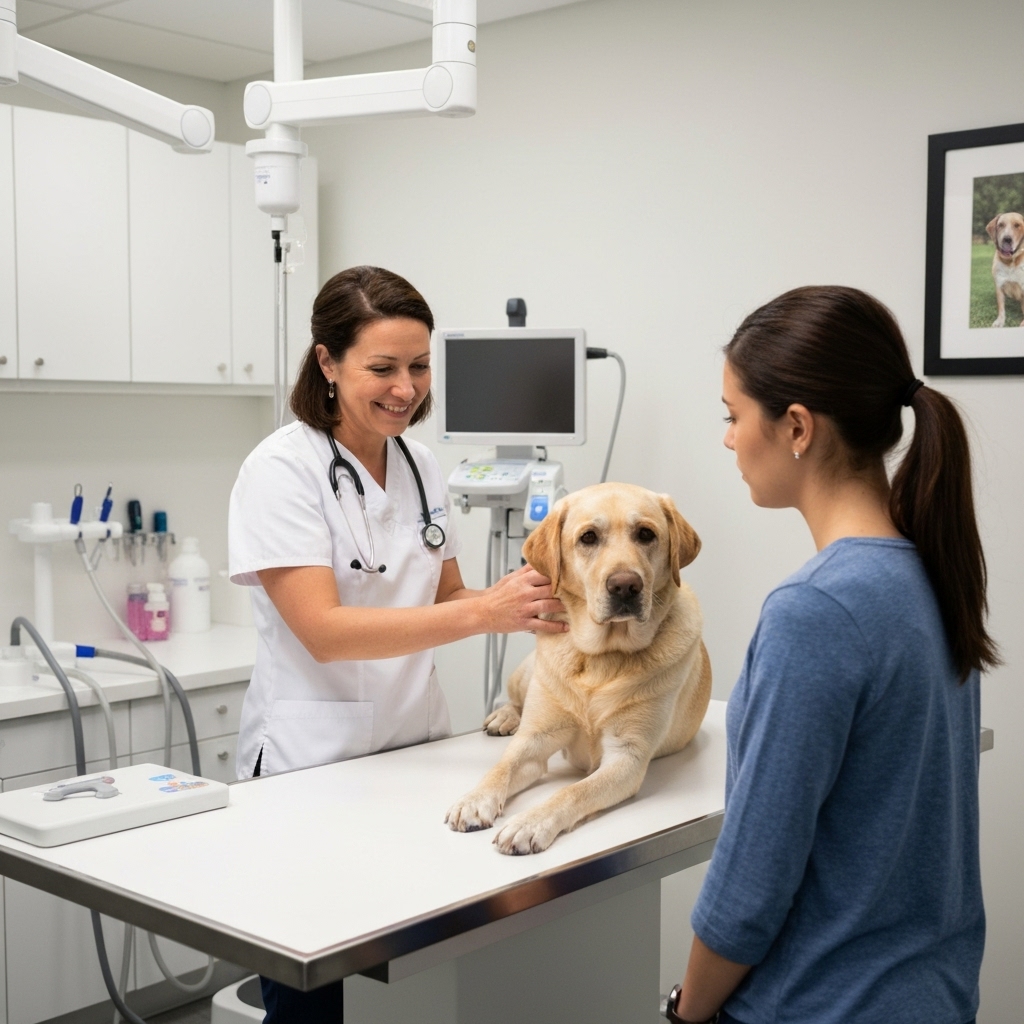 a modern veterinary clinic with a veterinarian examining a dog on an examination table, surrounded by high-tech medical equipment, soft lighting, and a concerned owner looking on