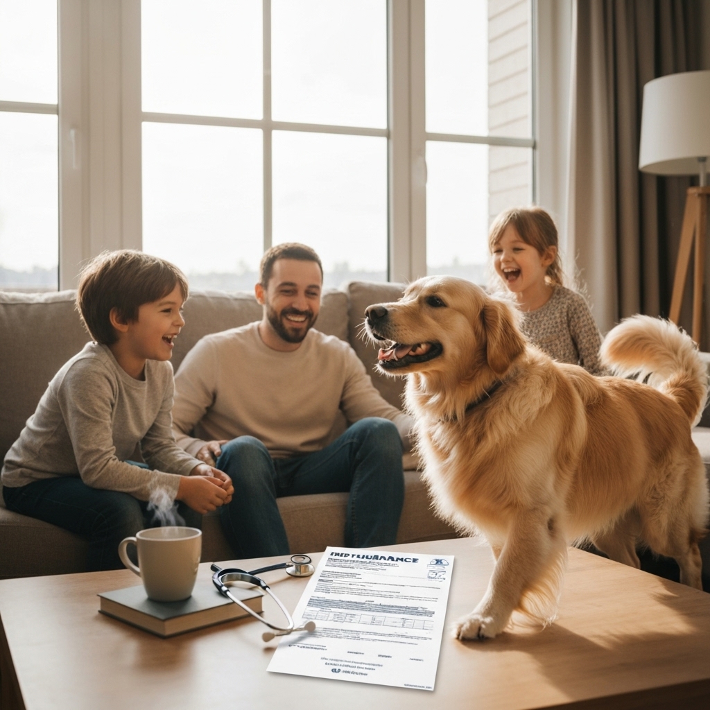 a happy family at home playing with their healthy golden retriever in a sunlit living room, with a pet insurance document visible on the coffee table beside a stethoscope and vaccination record