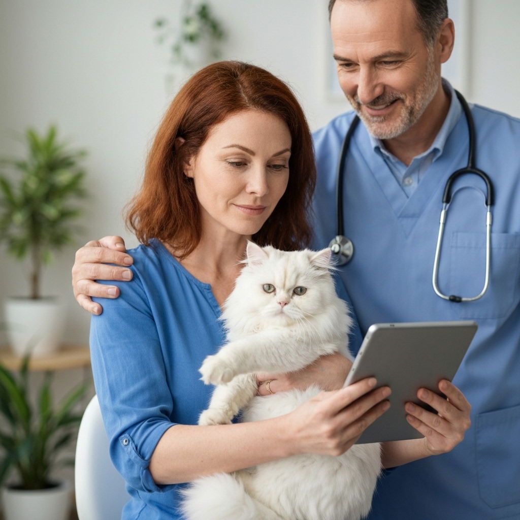a close-up of a woman holding her cat in a vet's office, receiving reassurance from a veterinarian while looking at a tablet showing an approved insurance claim, warm and empathetic atmosphere