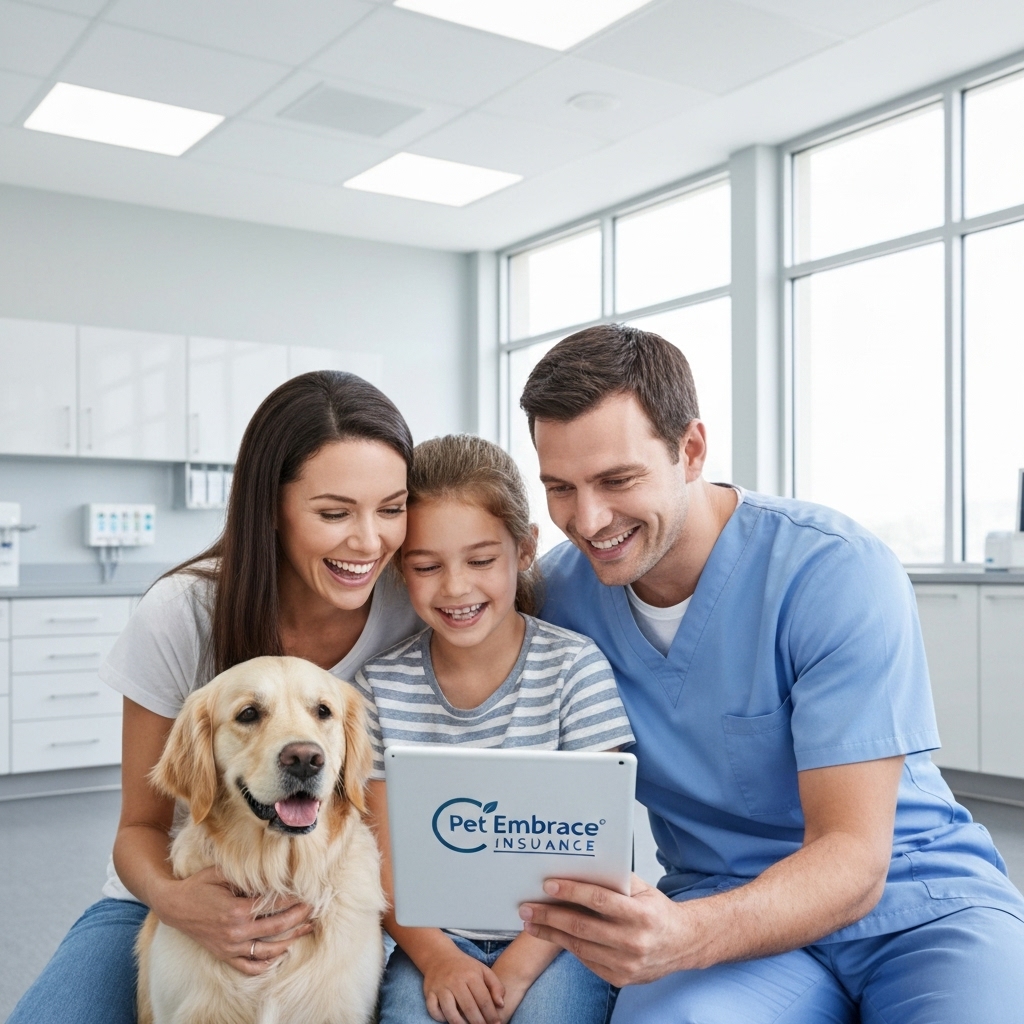 a happy family with their golden retriever at a vet clinic, smiling as they review a Pet Embrace Insurance document on a tablet, with a clean, modern veterinary office in the background