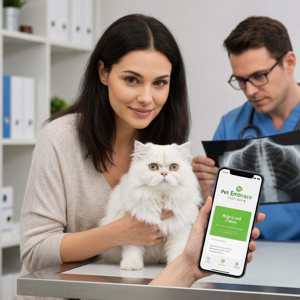 a close-up of a woman holding her cat on a veterinary examination table while a vet reviews an X-ray; a smartphone displays the Pet Embrace Insurance app showing an approved claim notification