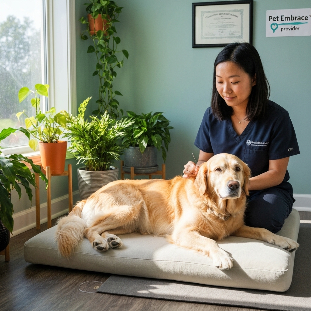 a serene scene of a dog receiving acupuncture in a sunlit room with plants, a licensed veterinary acupuncturist gently inserting needles, while a framed certificate and Pet Embrace provider logo are visible on the wall