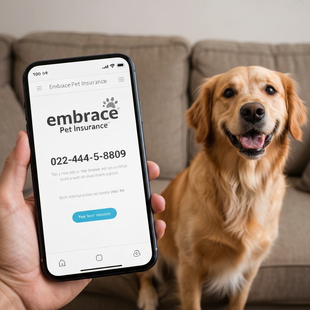 a close-up of a smartphone displaying the Embrace Pet Insurance website with the phone number highlighted, next to a happy golden retriever sitting on a couch