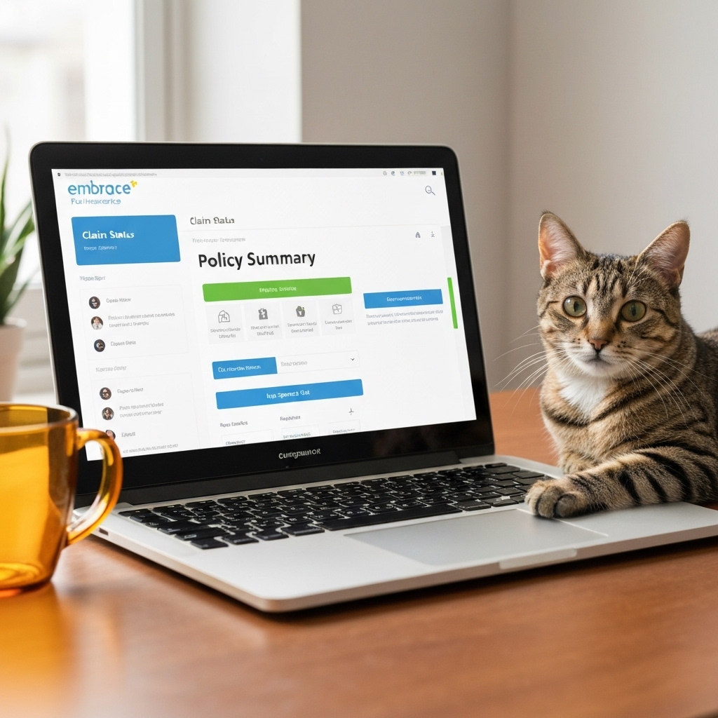 a laptop screen showing the Embrace Pet Insurance customer portal dashboard, with claim status, policy summary, and support chat window open, placed on a desk beside a cat and a coffee mug
