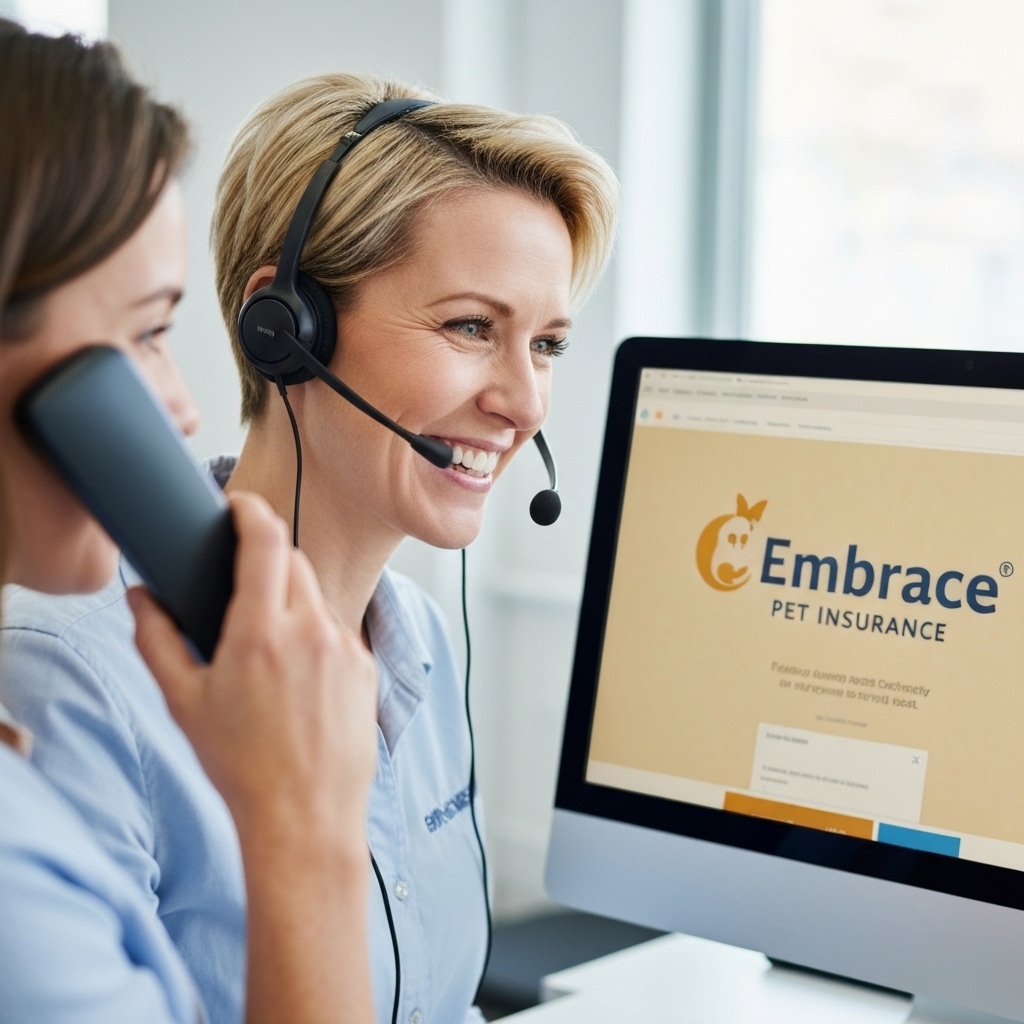 a friendly customer service agent wearing a headset and smiling while assisting a caller, with 'Embrace Pet Insurance' visible on the computer screen in front of them
