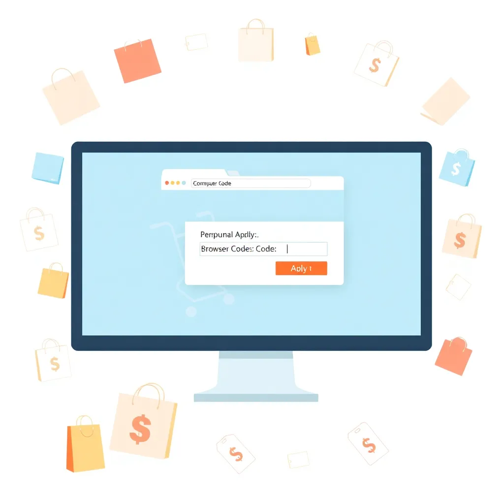a computer screen showing an online shopping cart with a browser extension popup automatically applying a discount code, surrounded by icons of shopping bags and price tags
