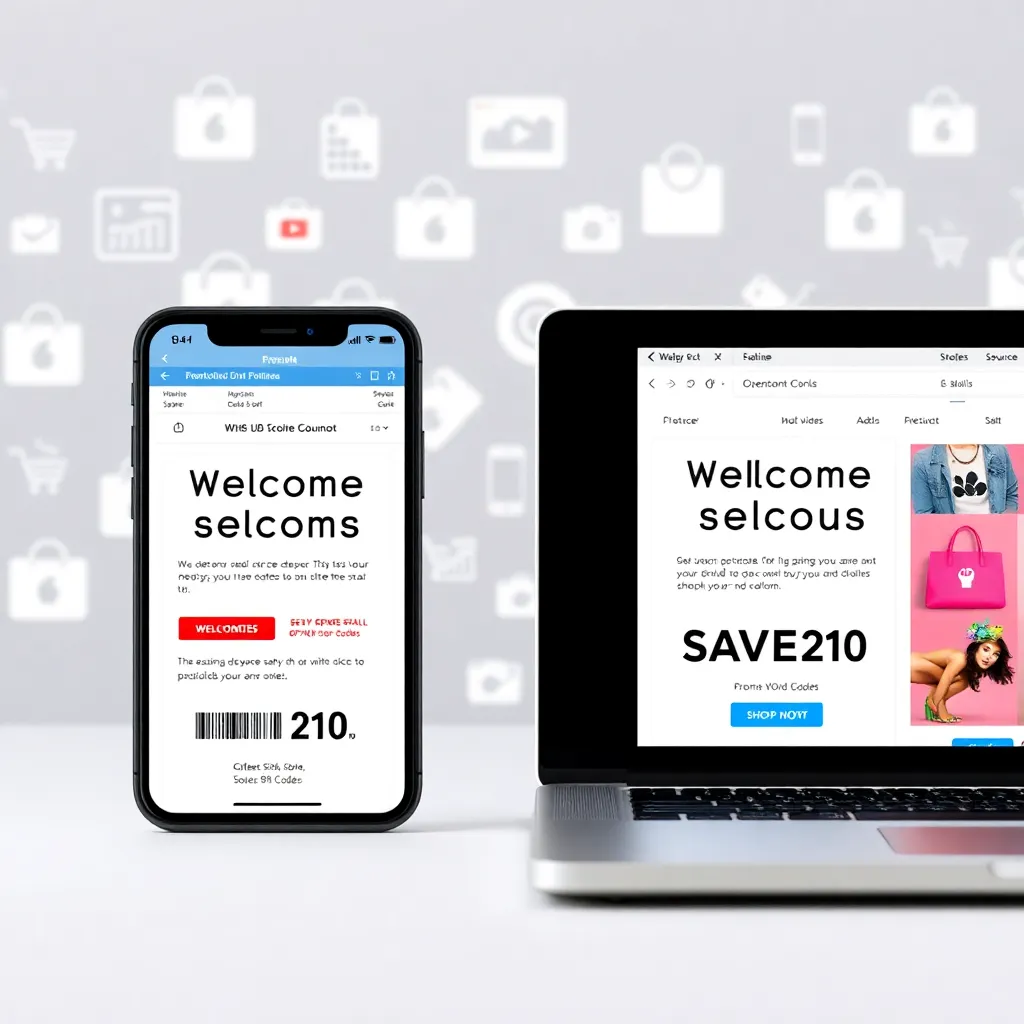 a smartphone and laptop side by side, displaying welcome emails from online stores with visible promo codes like WELCOME15 and SAVE20, against a background of digital shopping icons
