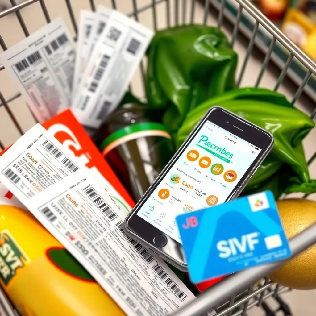 a close-up of a shopping cart filled with grocery items, with multiple clipped paper coupons, a smartphone showing a digital coupon app, and a store loyalty card placed on top