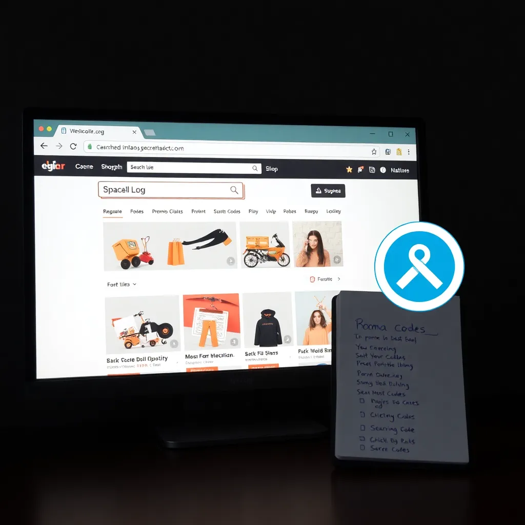a desktop browser window in incognito mode with a shopping website open, a notepad next to it listing potential promo codes, and a privacy-focused icon overlay