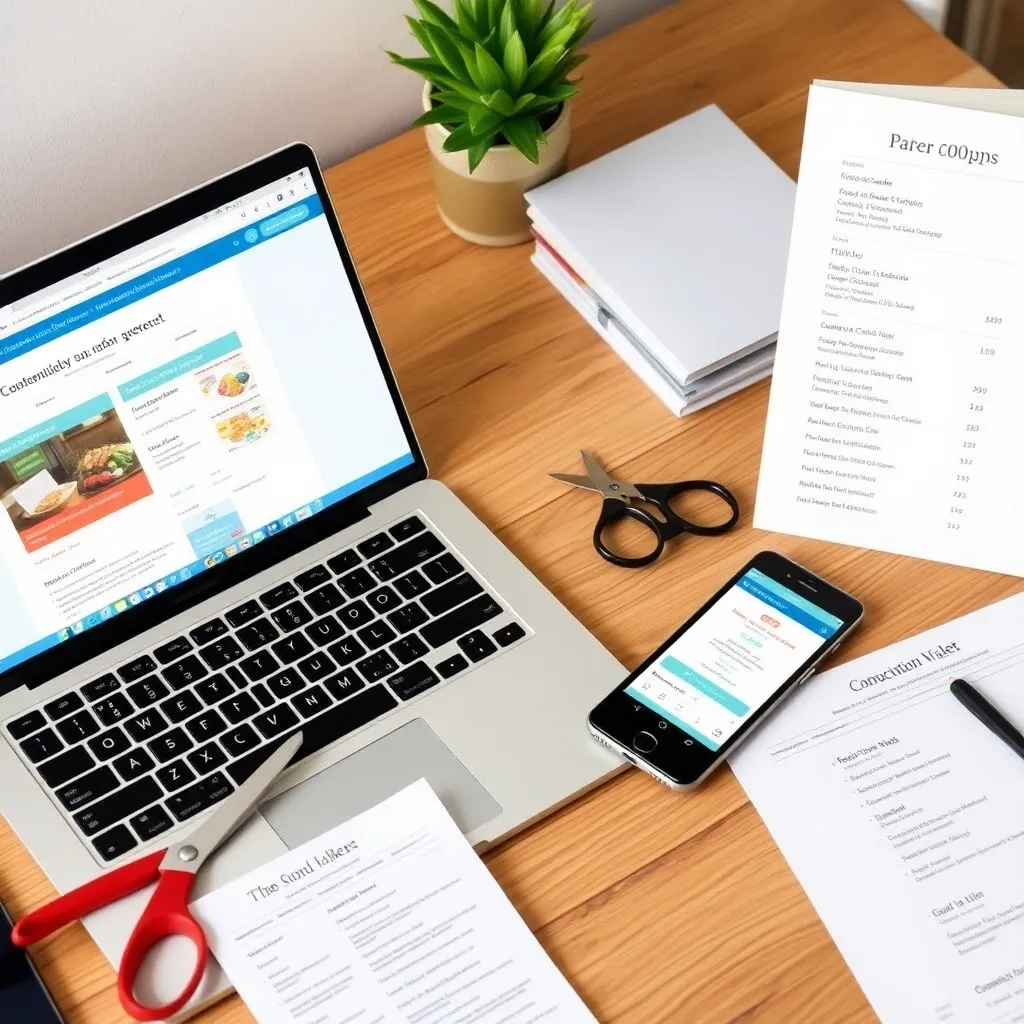 a neatly organized desk with a laptop open to a coupon matching website, scissors cutting a paper coupon, a smartphone displaying a digital coupon wallet, and a printed list of deals