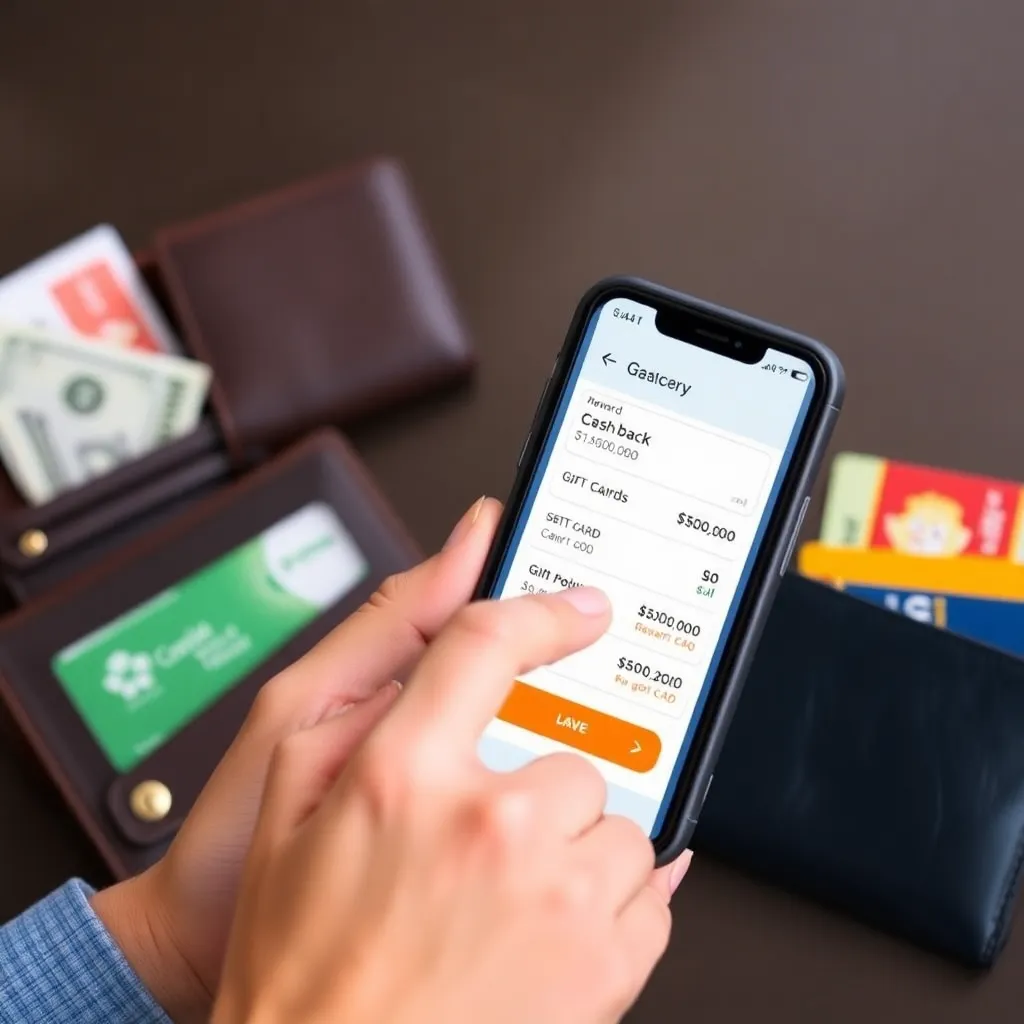 a hand scanning a grocery receipt into a smartphone using a cashback app, with reward points animating on screen and a wallet holding cash and gift cards nearby