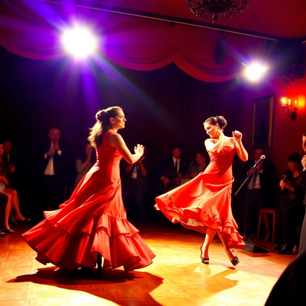 a vibrant flamenco performance in Seville with a dancer in a red dress, castanets in hand, under warm stage lights in a traditional tablao setting