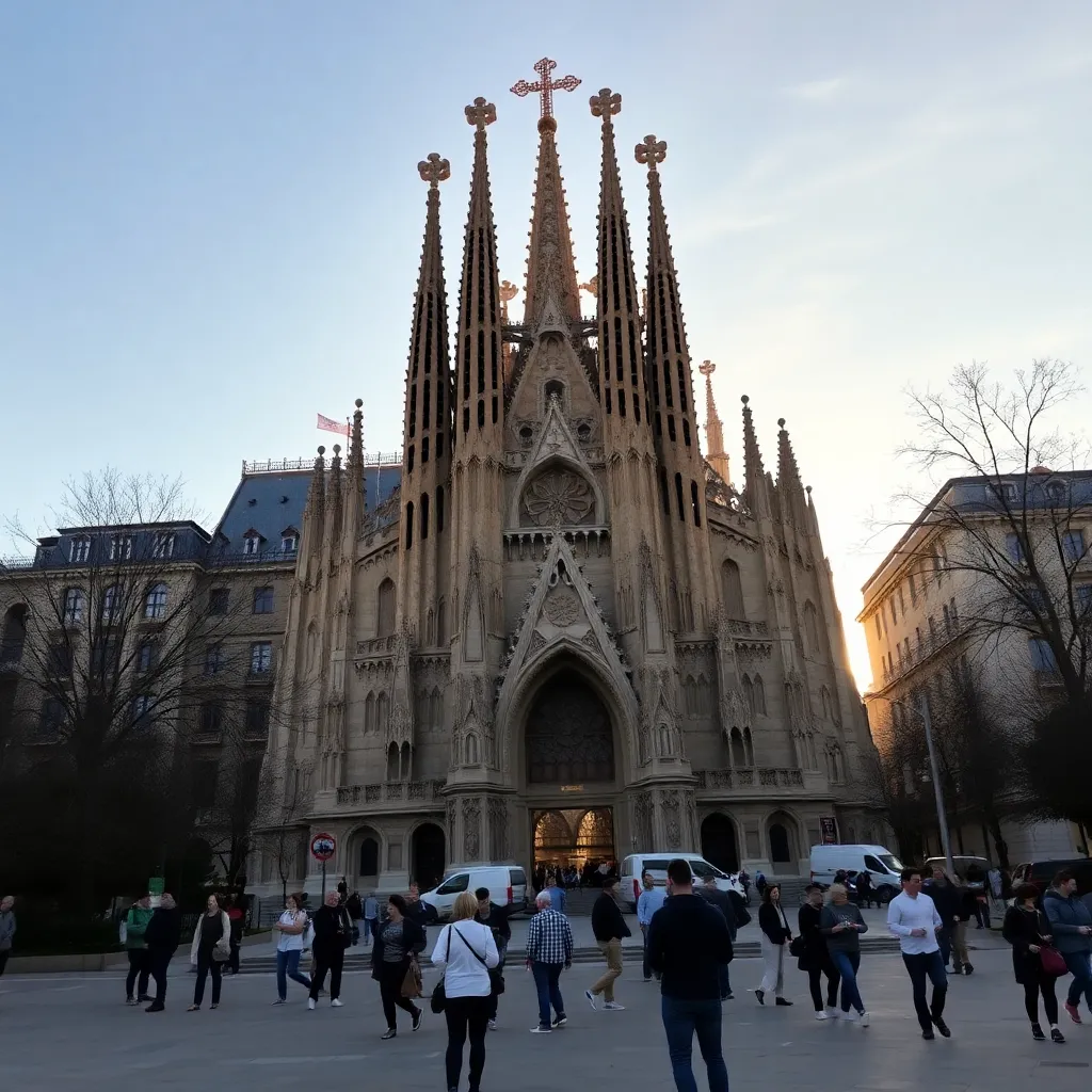 the exterior of the Sagrada Família in Barcelona at golden hour, with intricate stone carvings illuminated by soft sunlight and tourists admiring the basilica from the plaza