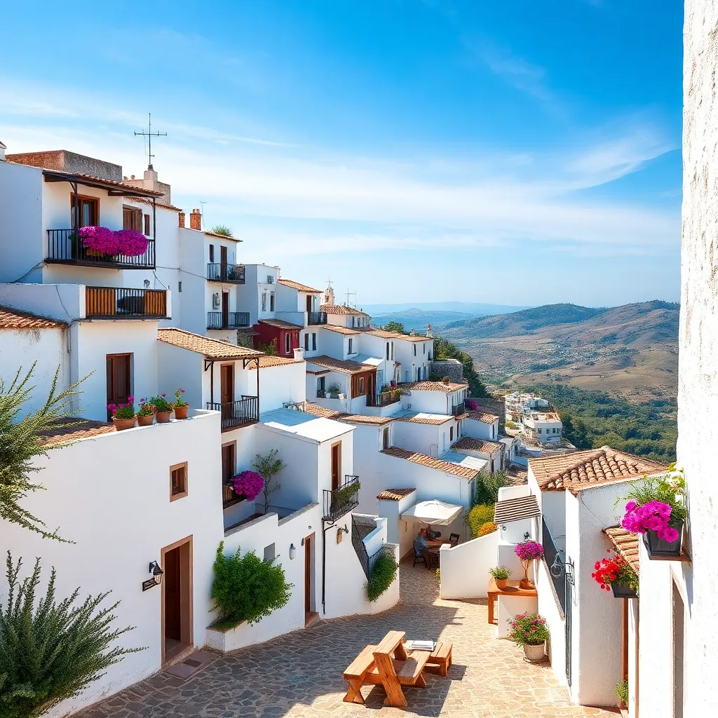a picturesque white village perched on a hillside in Andalusia, surrounded by olive groves and blue skies, with narrow cobblestone streets and flower-filled balconies