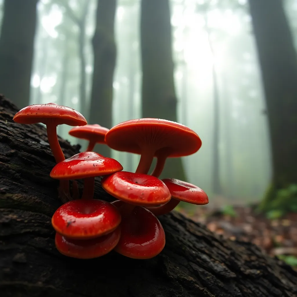a close-up of red, glossy Reishi mushrooms growing on a tree log in a misty forest, with soft morning light highlighting their lacquered surface