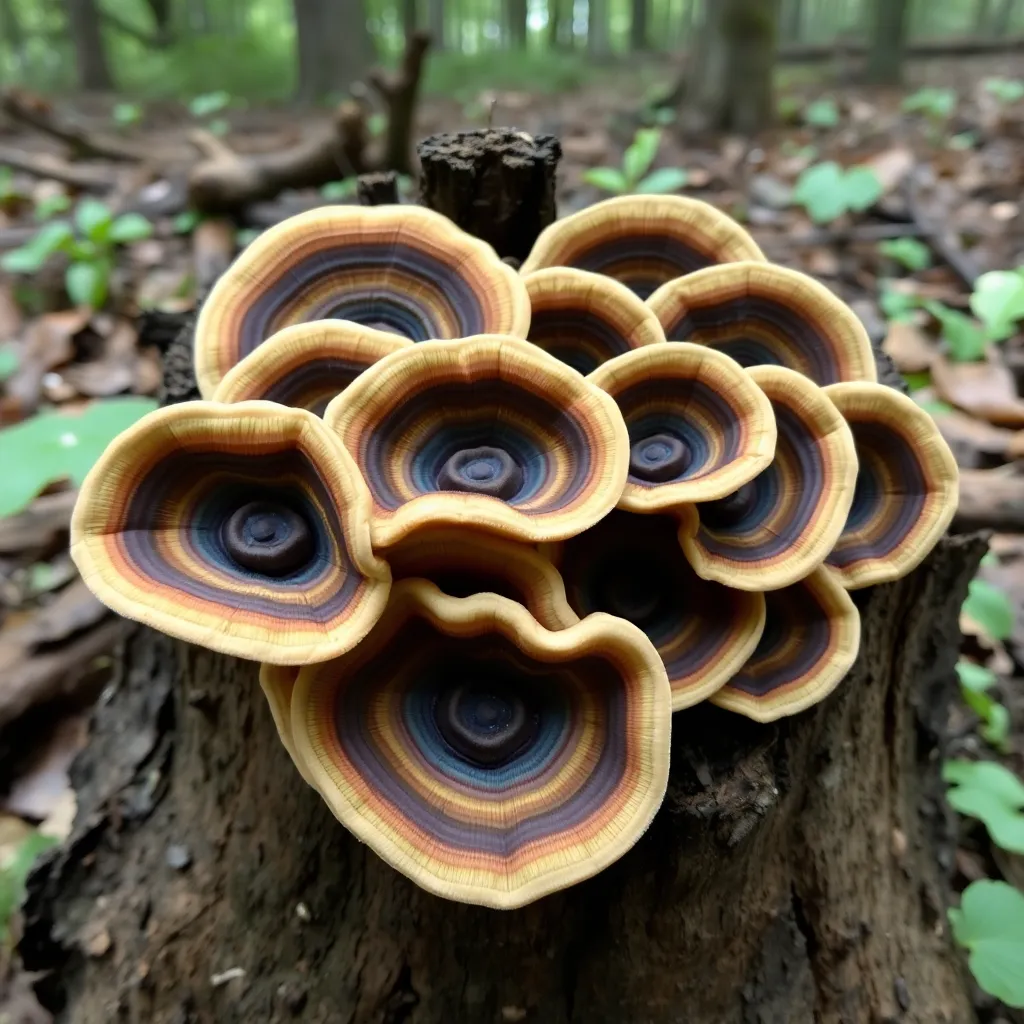 a cluster of multi-colored, fan-shaped Turkey Tail mushrooms growing on a decaying hardwood stump in a damp forest, showcasing their vibrant rings of brown, tan, and blue-green