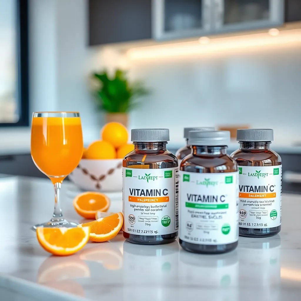 a modern kitchen counter with a glass of orange juice, a bowl of citrus fruits, and several Vitamin C supplement bottles with clear labels showing high potency and natural sourcing
