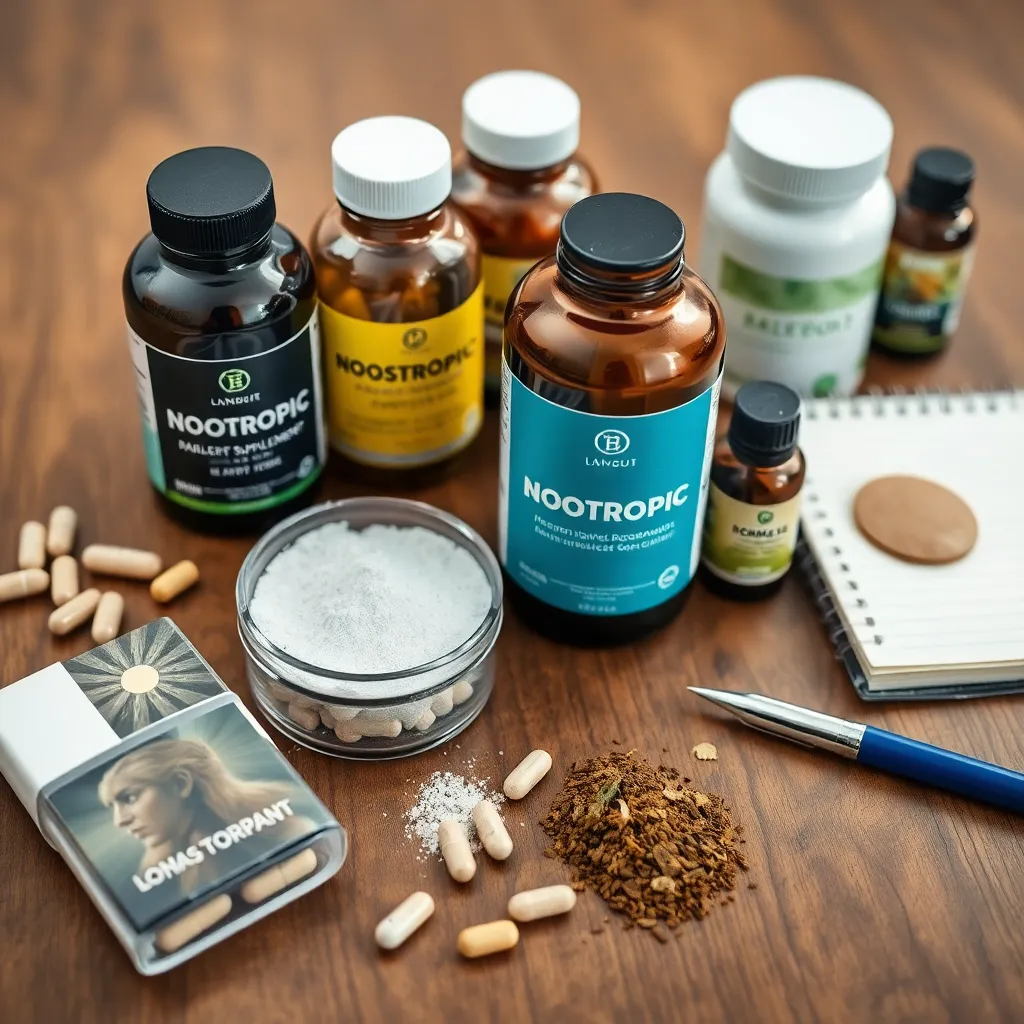 a close-up shot of various nootropic supplements including bottles of capsules, loose powders, and herbal extracts arranged neatly on a wooden table with a notebook and pen nearby
