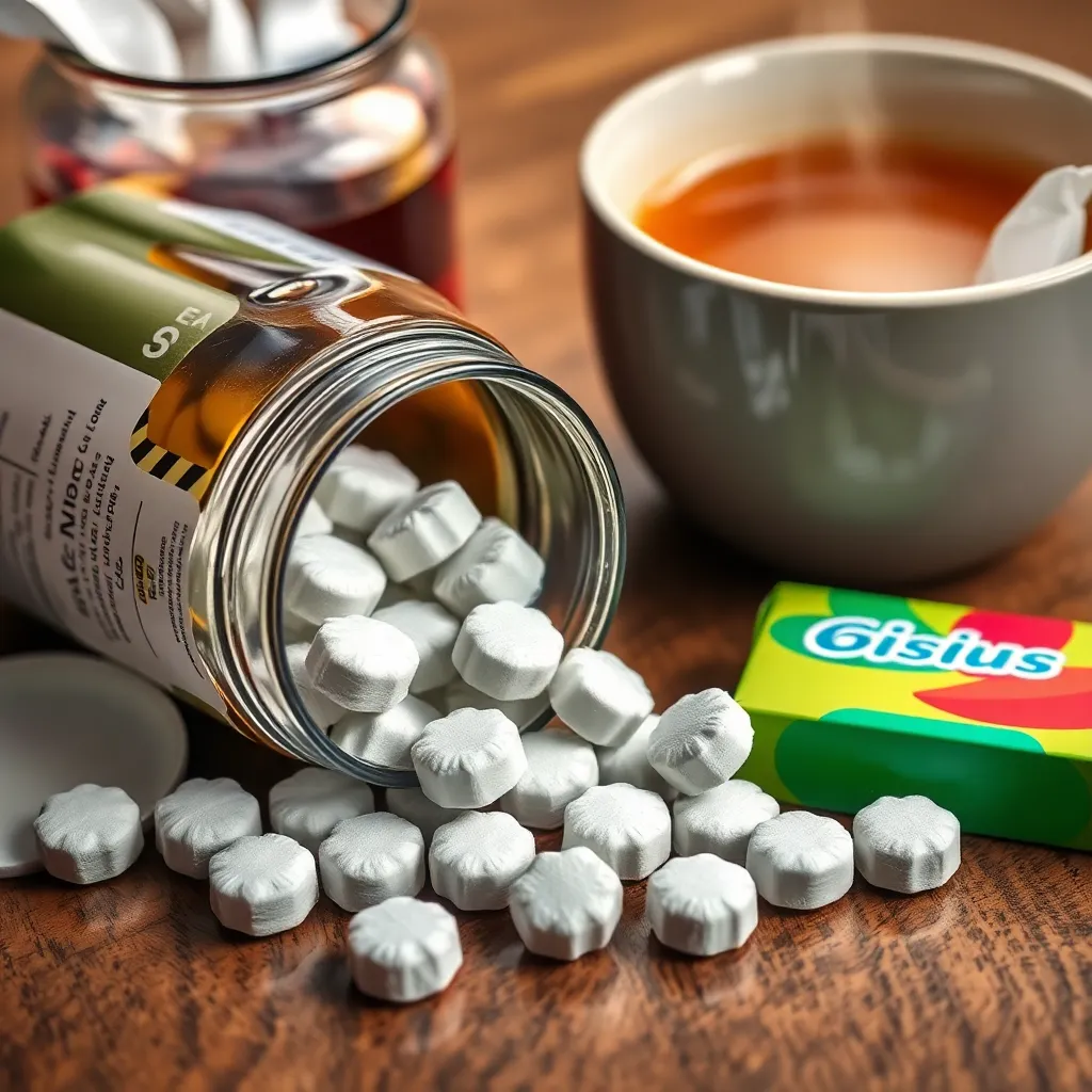 a close-up of zinc lozenges spilling out of a bottle onto a wooden table, next to a steaming cup of tea and a box of tissues, conveying comfort during cold season