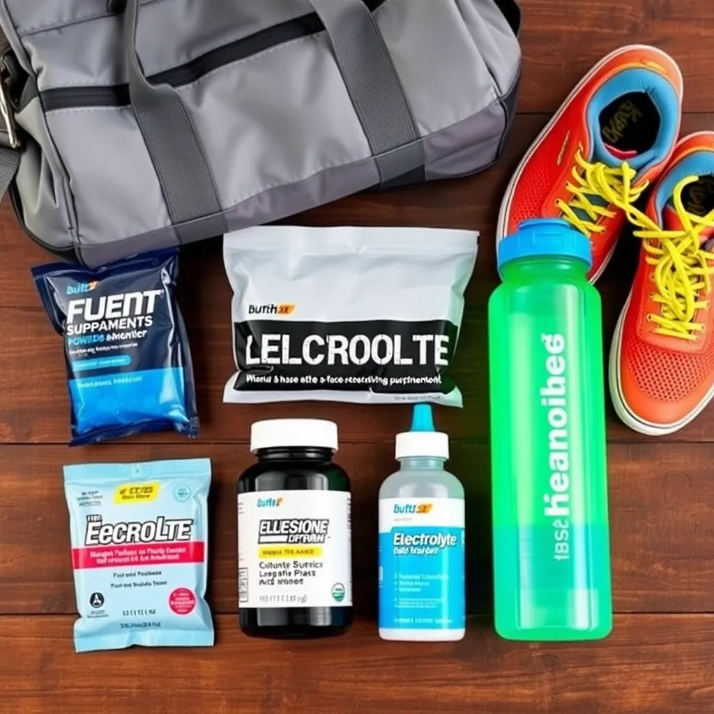 a flat lay of different electrolyte supplement types: powder packets, effervescent tablets, liquid drops, and a sports bottle, arranged neatly on a wooden table with a gym bag and running shoes in the background