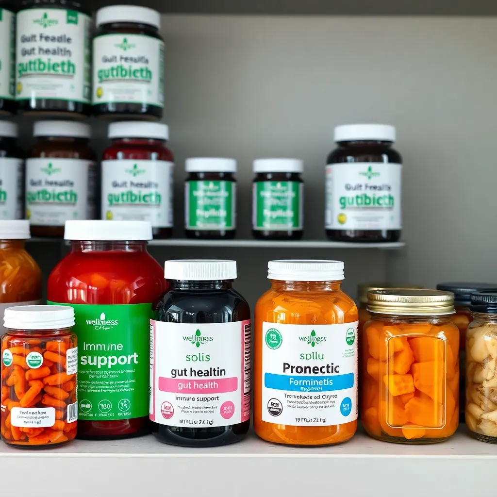 a wellness shelf display featuring various probiotic supplement bottles with labels emphasizing 'gut health' and 'immune support,' alongside jars of fermented foods like kimchi and sauerkraut