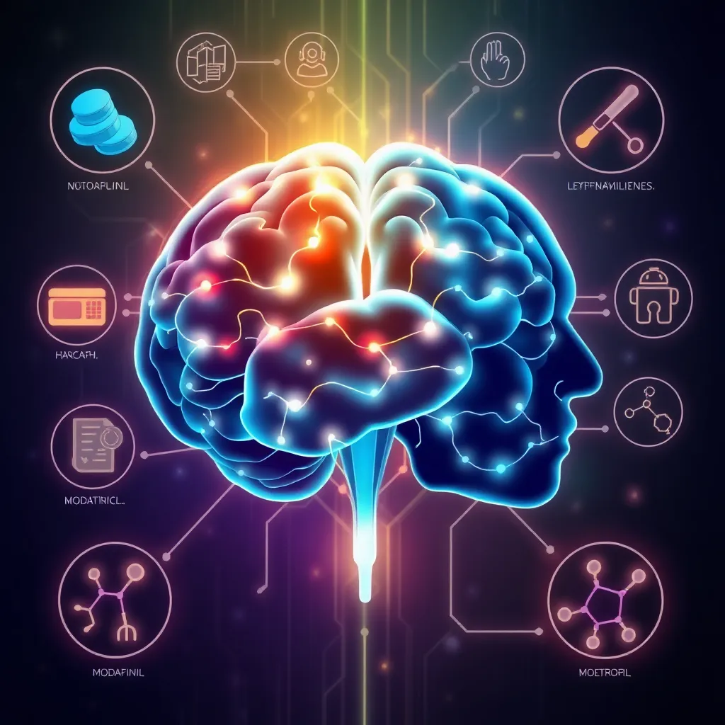 a futuristic digital brain illustration with glowing neural connections, surrounded by icons representing different synthetic nootropics like modafinil pills and molecular structures