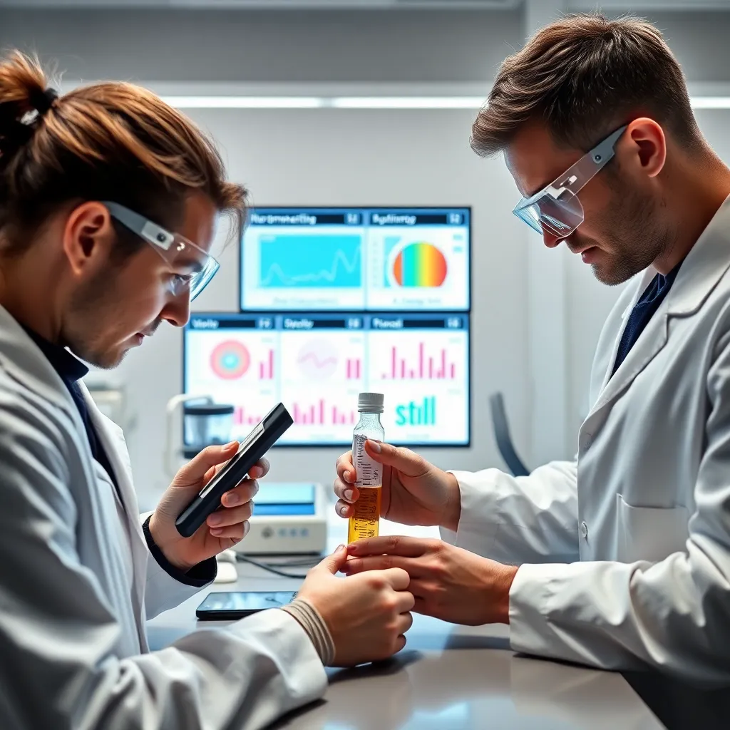 a modern laboratory setting where scientists are analyzing a sweat sample using digital devices, with charts showing electrolyte levels displayed on screens in the background
