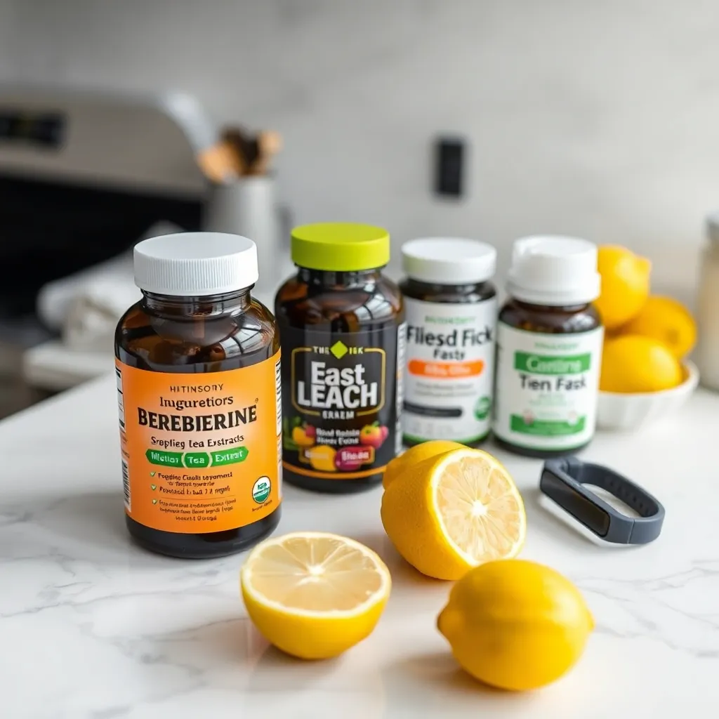 a well-organized display of weight loss supplement bottles on a white marble countertop—labels clearly showing ingredients like berberine, green tea extract, and probiotics, with fresh lemons and a fitness tracker nearby