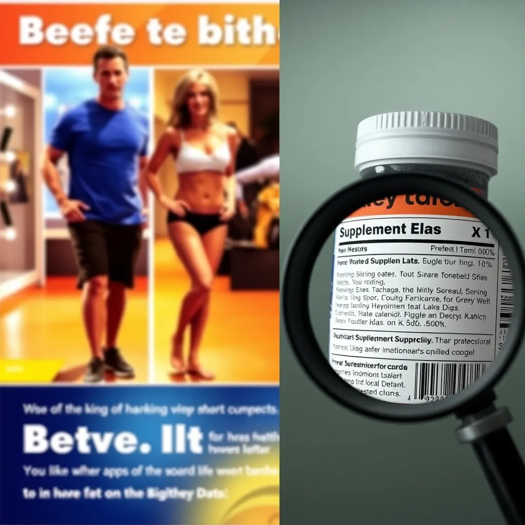 a split image: on the left, a glowing advertisement with exaggerated before-and-after photos; on the right, a magnifying glass over a supplement label highlighting fine print and unverified claims