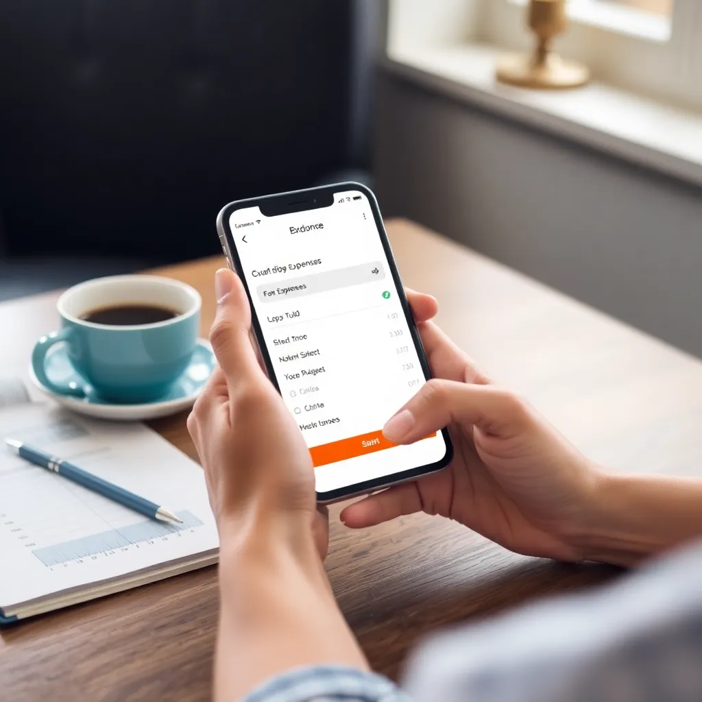 Small Changes, Big Results: Easy Habits That Help You Save More a person using a smartphone to log expenses in a budgeting app, with a coffee cup and wallet on a wooden table in a cozy home office setting