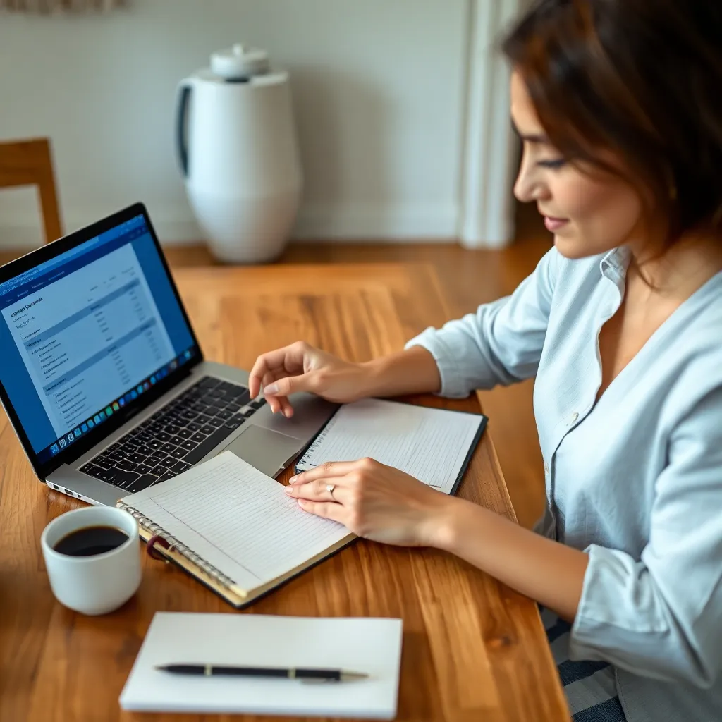 a person sitting at a kitchen table with a laptop open to a budgeting app, a notebook, pen, and coffee cup, focusing on entering expenses with a calm and organized expression