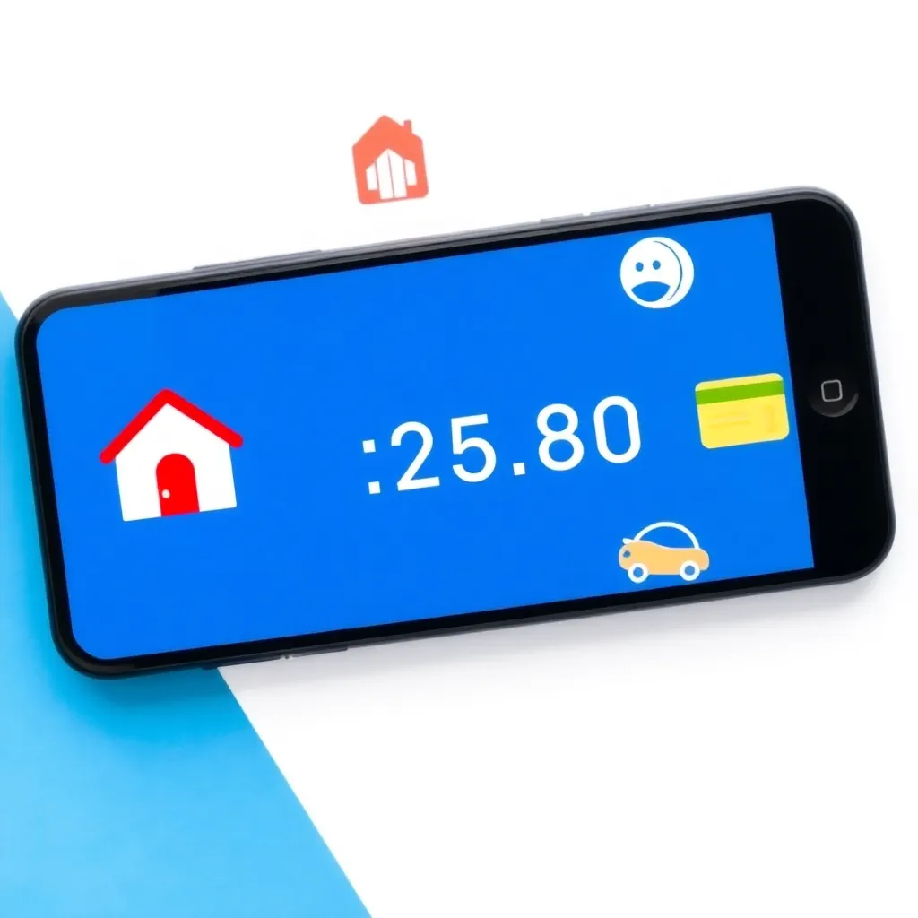 a digital credit score display on a smartphone screen with icons of a house, car, and credit card around it, set against a clean blue and white background