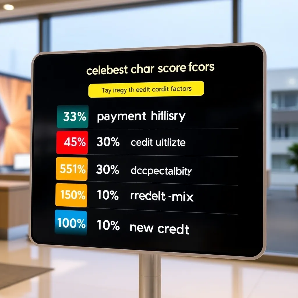 an infographic showing the breakdown of credit score factors:35% payment history,30% credit utilization,15% length of credit history,10% credit mix, and10% new credit, displayed on a modern digital screen